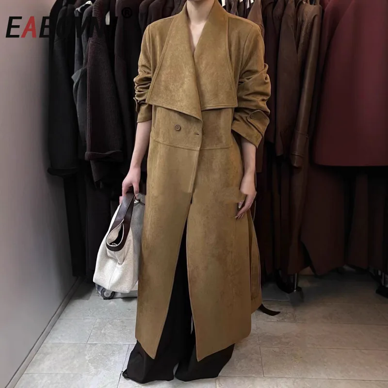 

EAEOVNI осень-зима новое длинное замшевое пальто женское темпераментное однотонное пальто на пуговицах с поясом модная женская одежда