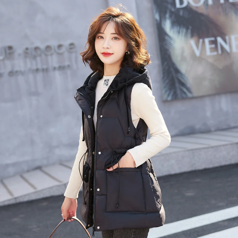 New Korean Style Fashion 80 White Duck Down Sleeveless Vest Autumn Winter Women\'S Casual Versatile Hooded Warm Down Waistcoat