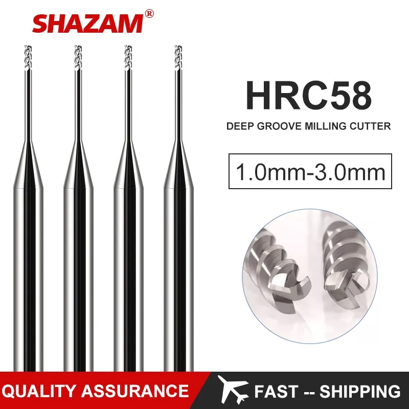 SHAZAM HRC58 3-Flute Micro Diameter Deep Groove Deep Hole Tungsten Steel Carbide Aluminum CNC Machinery Milling Cutter Tools