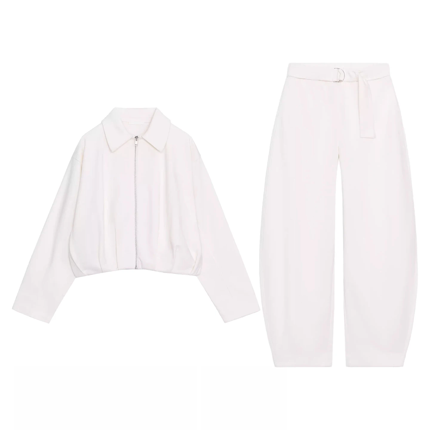 ชุดแฟชั่นฤดูใบไม้ร่วง 2025 เสื้อแจ็คเก็ตนักบินผู้หญิงพร้อมเข็มขัด กางเกงขายาวเอวสูง สีพื้น สไตล์ยุโรป สำหรับผู้ใหญ่