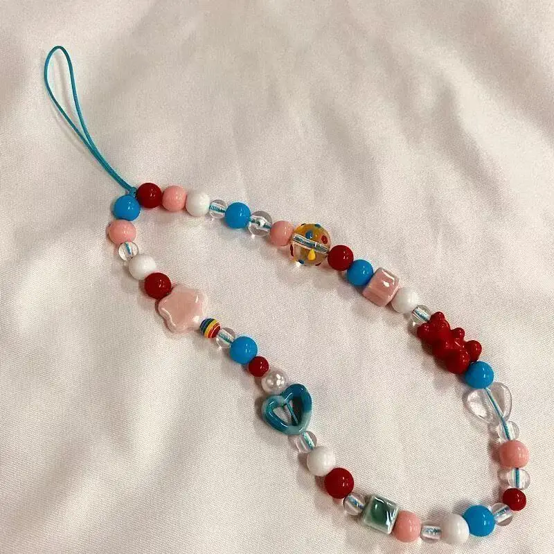 

Beaded Red and Blue Contrasting Colors Love Bear Stars Mobile Phone Chain Babes Sweet Ins Color Niche Ccd Camera Lanyard