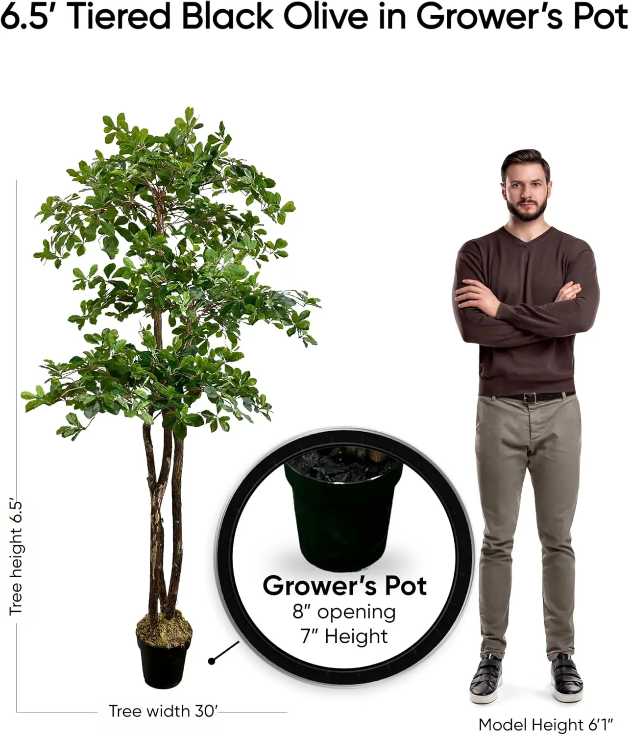 Hoja de Olivo negra italiana hecha a mano, 3 niveles, 6,5 ', árbol Artificial, ciprés verde y alabastro 32 "D X 32" W X 78 "H