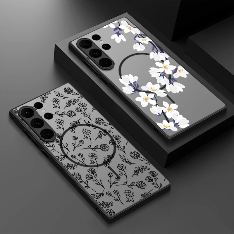 Linie Blumen gemusterte magnetische Handyhülle für Samsung Galaxy S25 S24 Plus S23 S22 S24 Ultra S24 S23 S21 S20 FE PC Back Cover