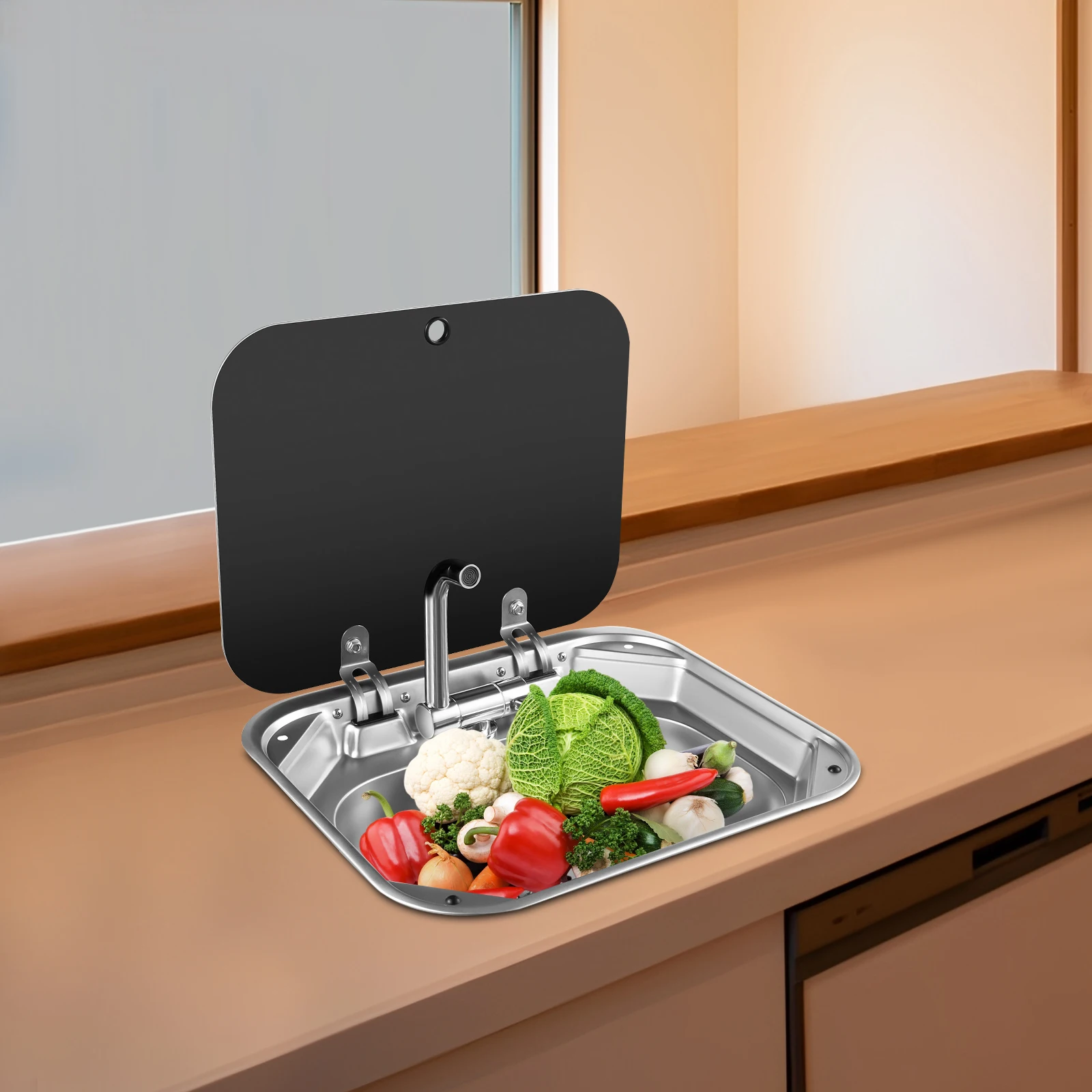 حوض RV حديث من الفولاذ المقاوم للصدأ 304 415*370*160 مم مع غطاء من الزجاج المقسى للتركيب تحت الطاولة