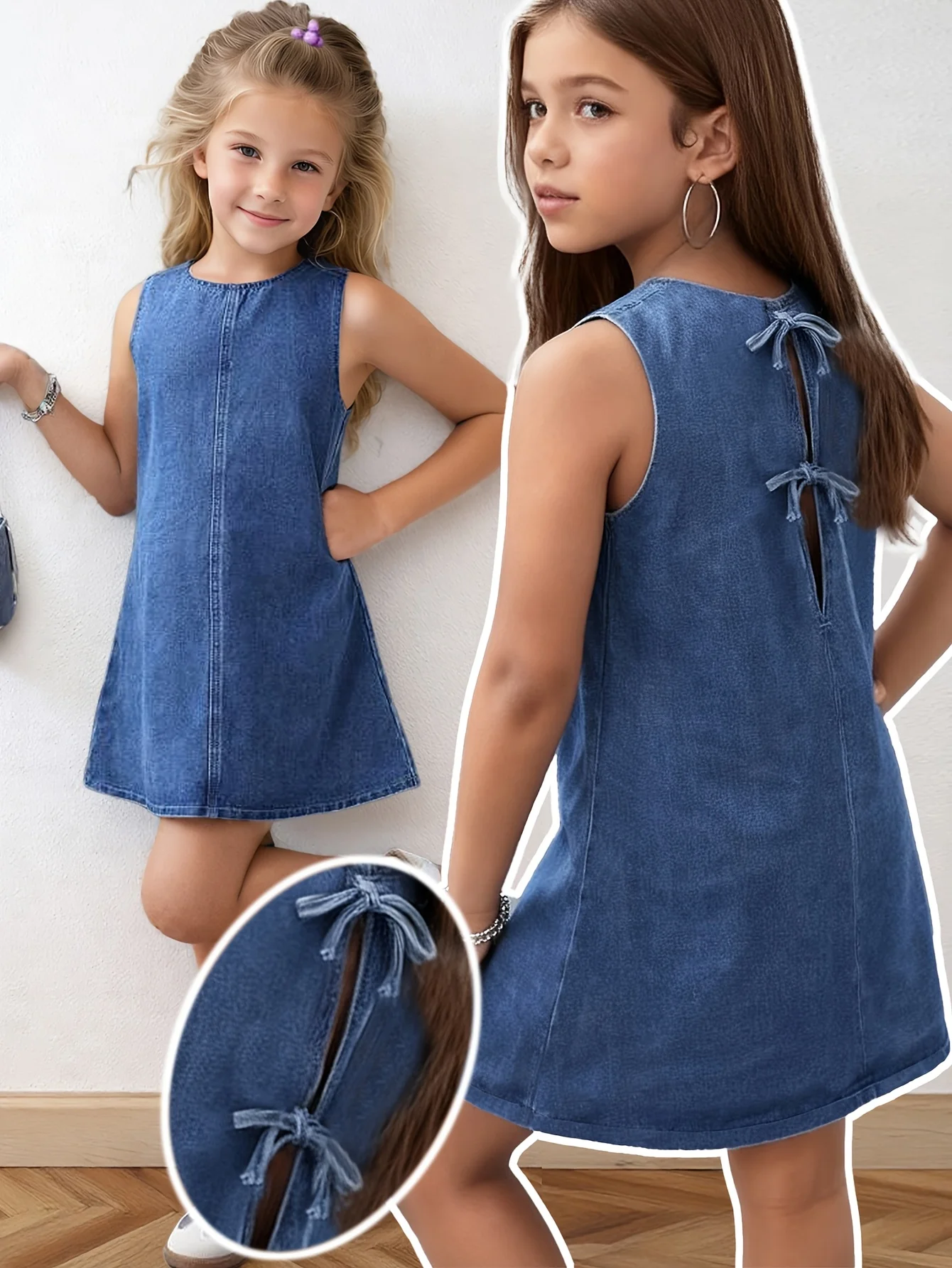 Sommerliches, kurzes, ärmelloses Jeanskleid mit Schleifendesign, geeignet für junge Mädchen für Sommerpartys, Festivals und Strandbekleidung, geeignet für Mädchen im Alter von 5–13 Jahren, für Zuhause und im Freien – Detail 3
