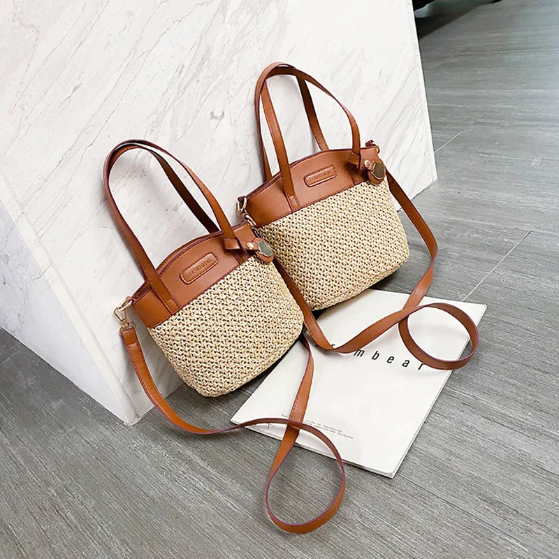 Neue Damen Gewebte Tasche PU-Leder Patchwork Umhängetasche Sommer Strand Shopper Schultertasche Urlaub Reisetaschen S/L – Detail 6