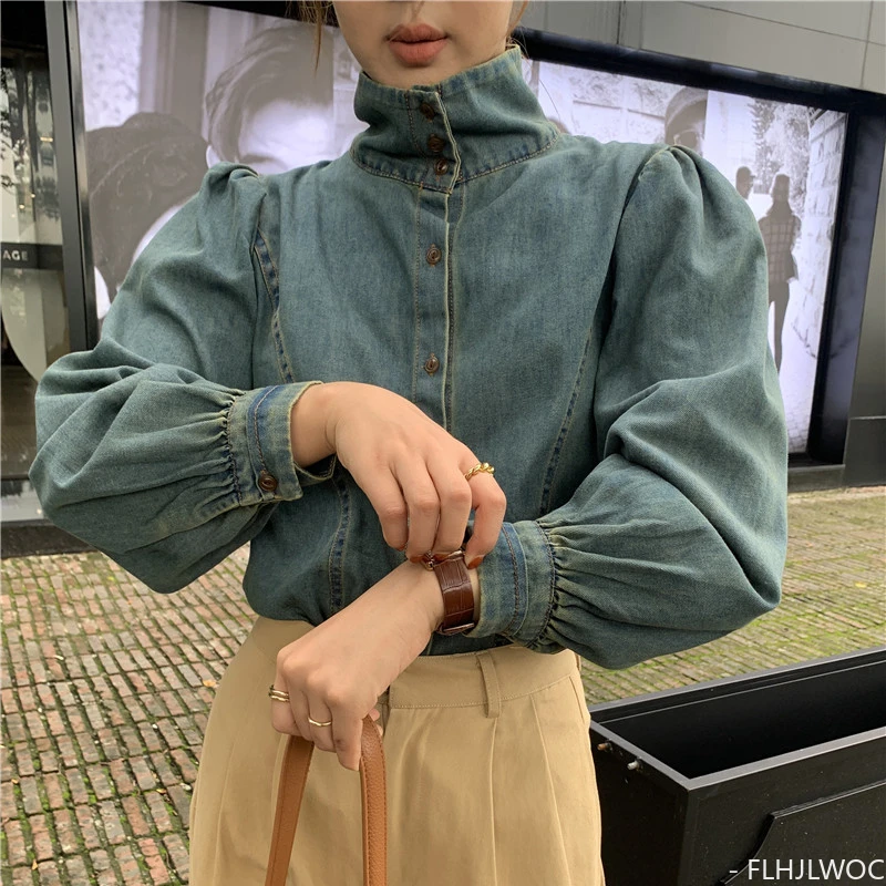 Cotton Denim Shirt 2023 New Design Temperament Women Blouses Office Lady Blue Jeans Turtleneck Top Single-Breasted Button Shirts