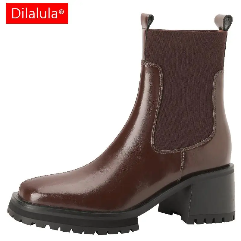 Dilalula Women Ankle Boots 2024 Working Casual Autumn Winter Genuine Leather Thick Heels Chunk Platforms Splicing Shoes Woman