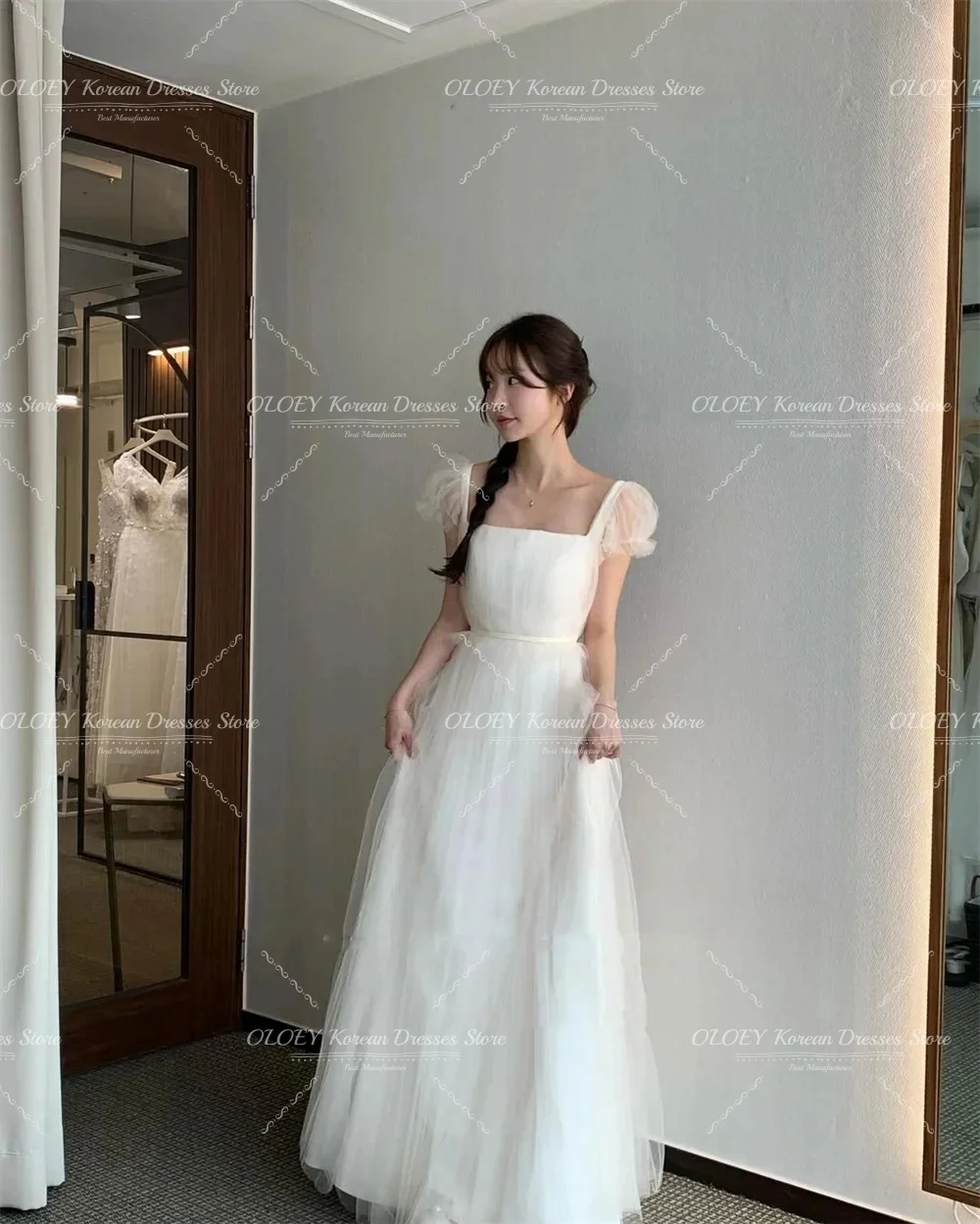 korean a line dress OLOEY Simple Square Collar Tulle Wedding Dresses Korea Photoshoot Short Sleeves Floor Length Bridal Gowns Customised Size:26 W