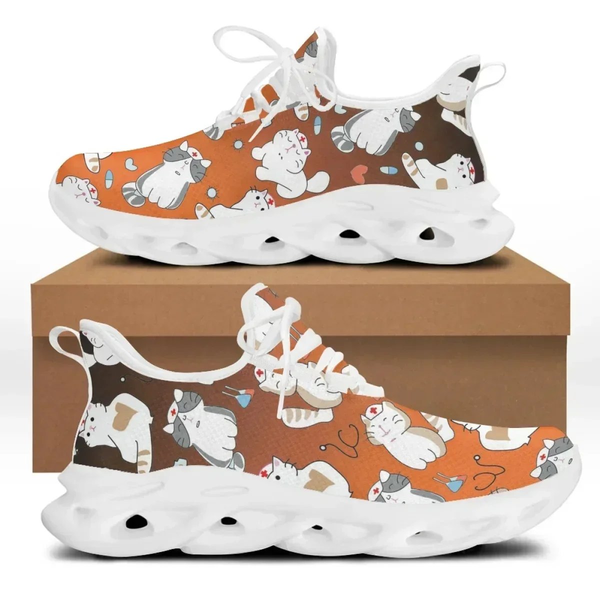 Cute Cat And Medical Tools Cartoon Female Flat Shoes ECG Cats With Mask Printed Women Mesh Sneakers Free Athletic Shoes