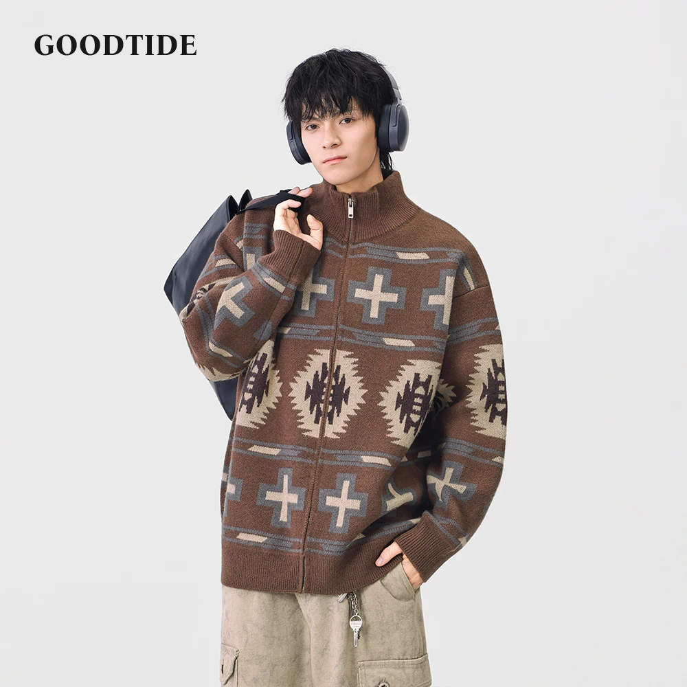 سترة رجالية عصرية غير رسمية بسحاب كامل ورقبة وهمية 2025 شتاء جديد نمط هندسي محبوك سترة ناعمة كم طويل ملابس خارجية #4