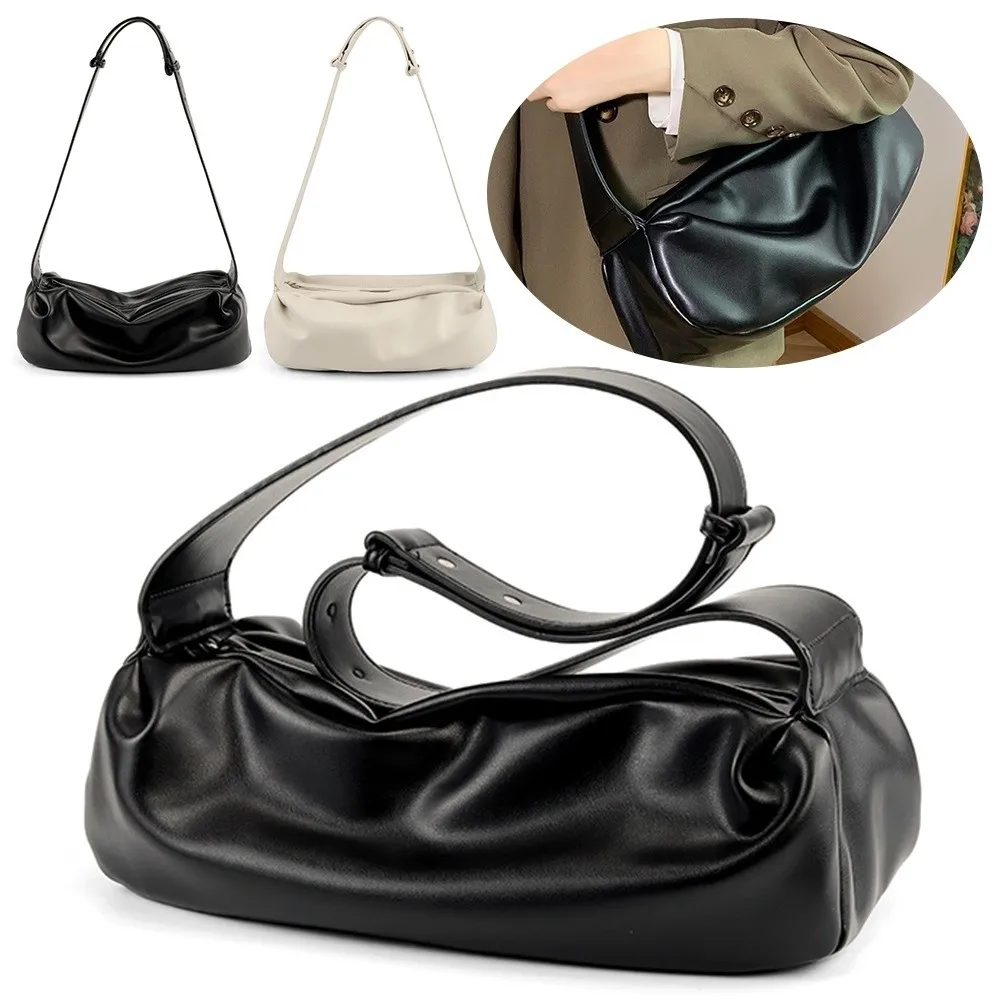 

Luxury Casual Crossbody Bags Wide Strap Ruched Shoulder Bag Pu Leather Half Moon Shape Messenger Bag