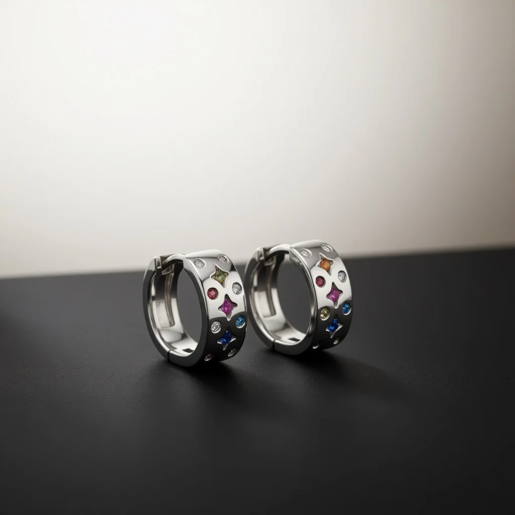 Women Silver‑Tone Rectangle Multi Color Star Zircon U Hoop Earrings Luxe Sparkling Jewelry Gift for Party & Birthday Anniversary