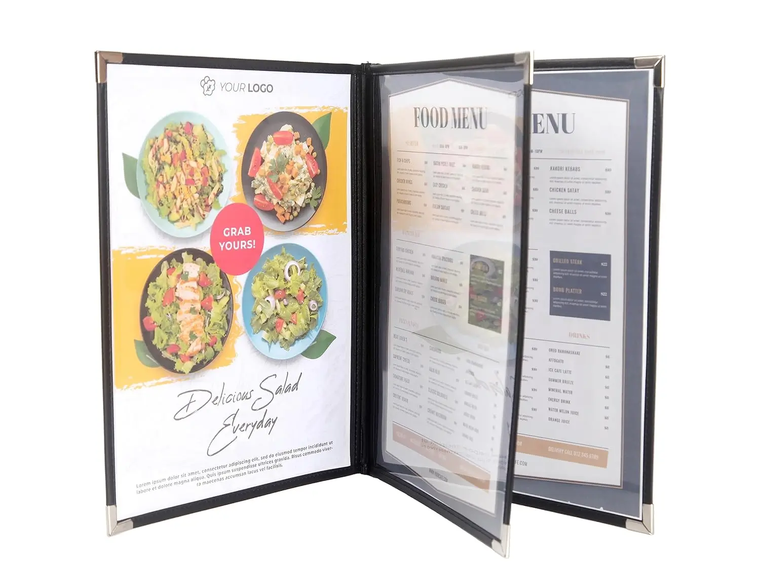 

Menu Covers/Booklet, Triple Pa e, 3 Pockets, 6 View, for 8.5" x 11" Letter Size Paper, Pack of 6, Black Ed in + Silv