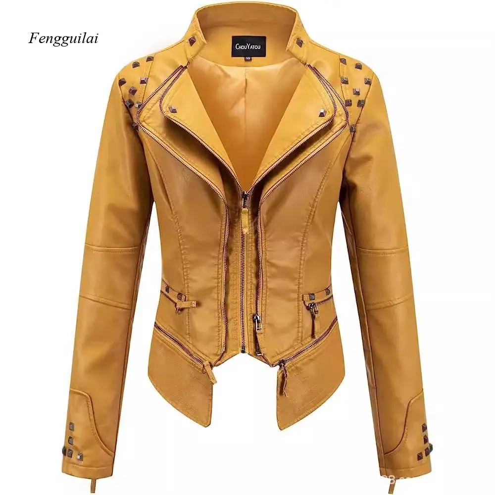 Women's Faux Leather Biker Jacket Studded Shoulders, Asymmetric Zippers, Fitted Waist Punk & Gothic Style for Fall & Winter