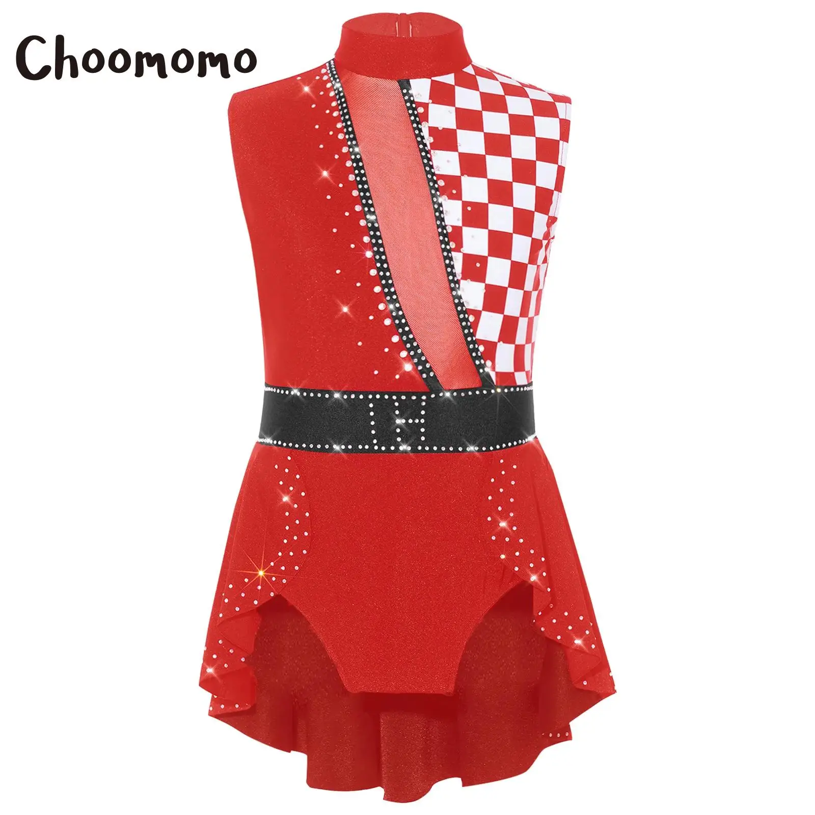 

Girls Halloween Circus Clown Jumpsuit Costume Ringmaster Bodysuit Rhinestones Ruffle Skirt Checkerboard Print Leotard Dress Up