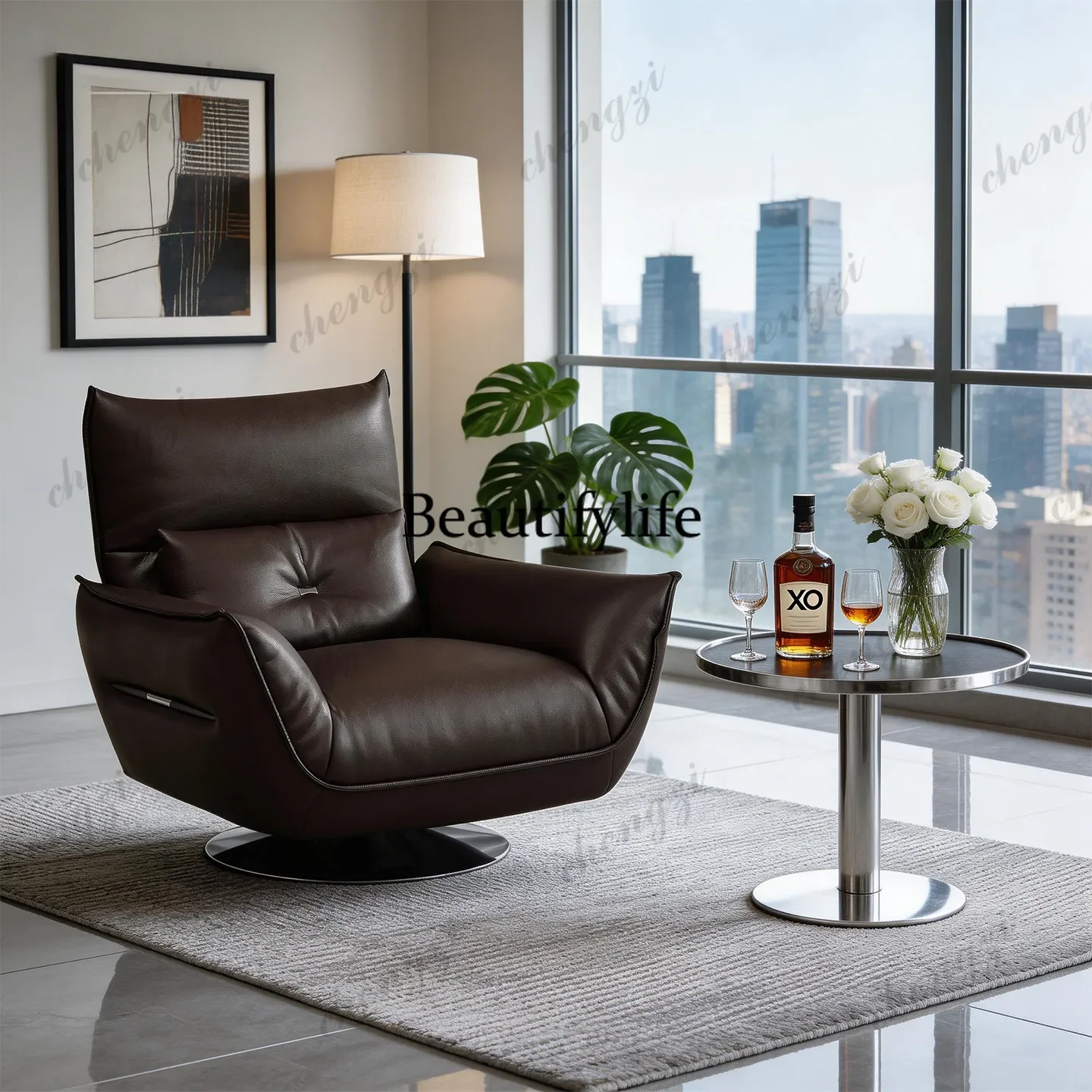 A52 Italian minimalist leather single sofa chair living room leisure rotating chair modern light luxury first-layer cowhide chai