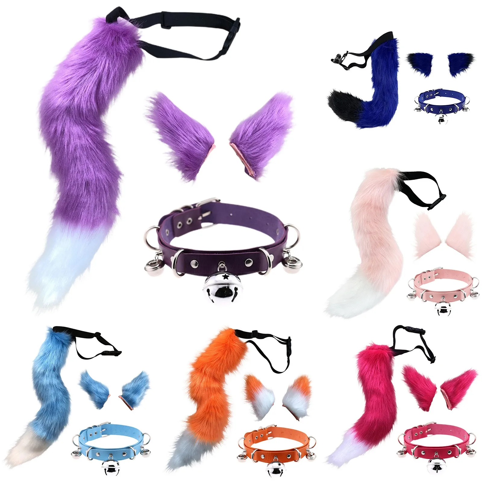 

New Fox Cat Ears Headwear Fluffy Animal Ears Headband Ears Hair Hoop Tail Bell Collar Set Halloween Party Cosplay Accessories