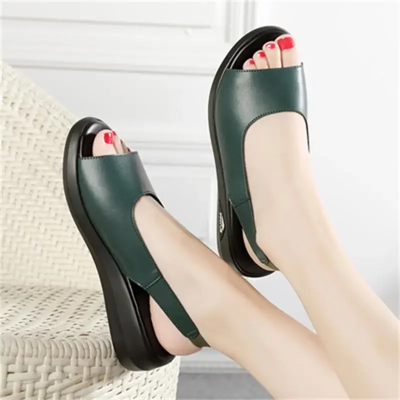 Shoes Women Genuine Leather Sandals Flat Platform Sandals Square Toe Cow Leather Ladies Footwear Summer Black Fashion