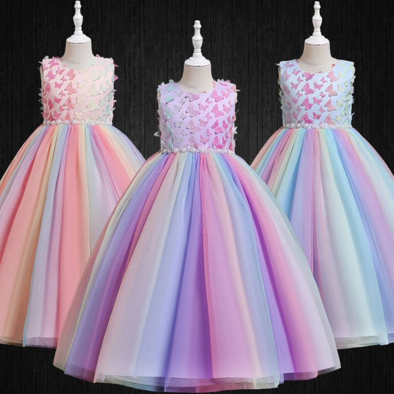 Rainbow 3D Butterfly Floral Dresses for Girls Formal Occasion Kids Colorful Tulle Beaded Communion Graduation Ceremony Costume