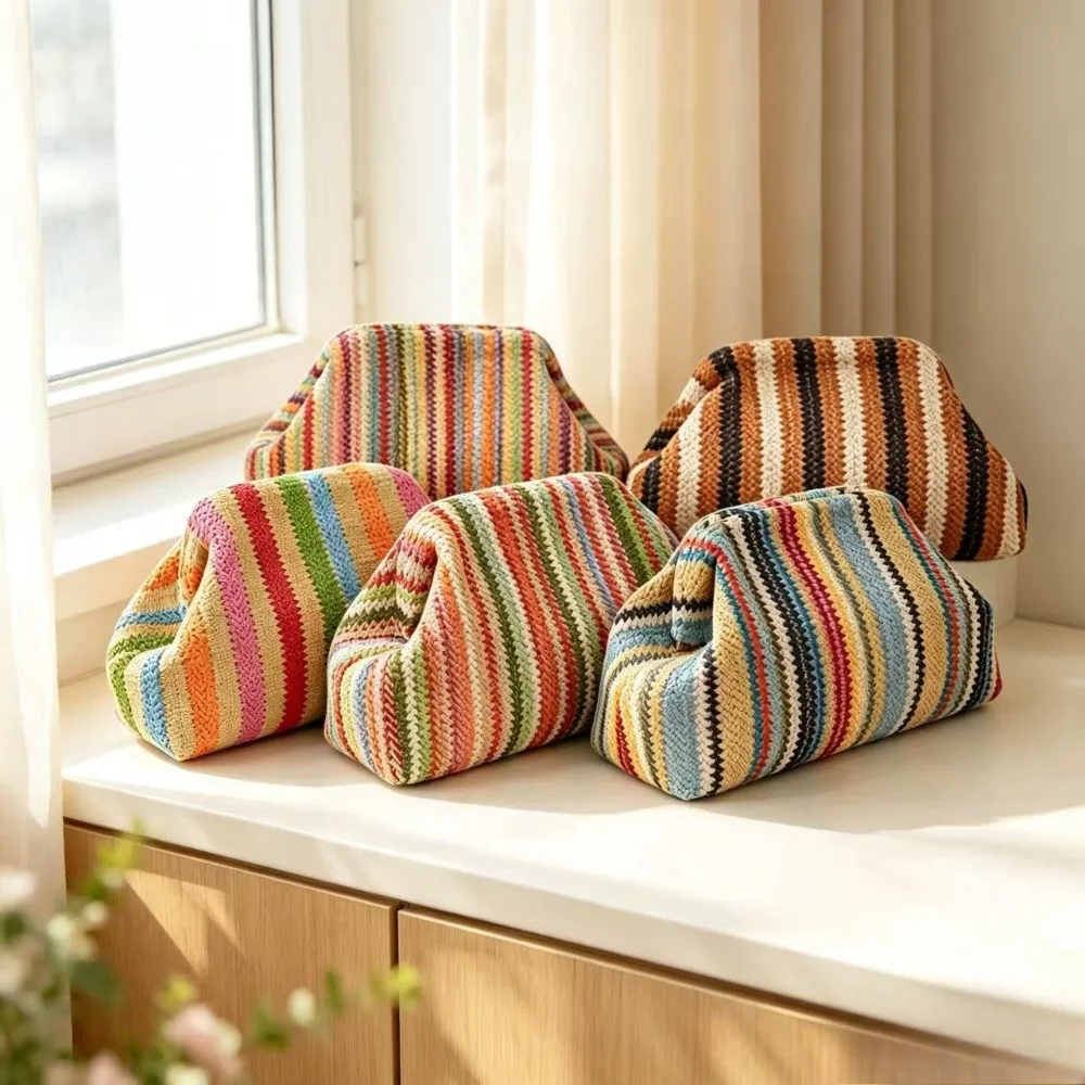 Bohemian Style Straw Woven Makeup Bag colorful Striped Portable Toiletry Bag Girls' Carry-On Miscellaneous Storage Bag