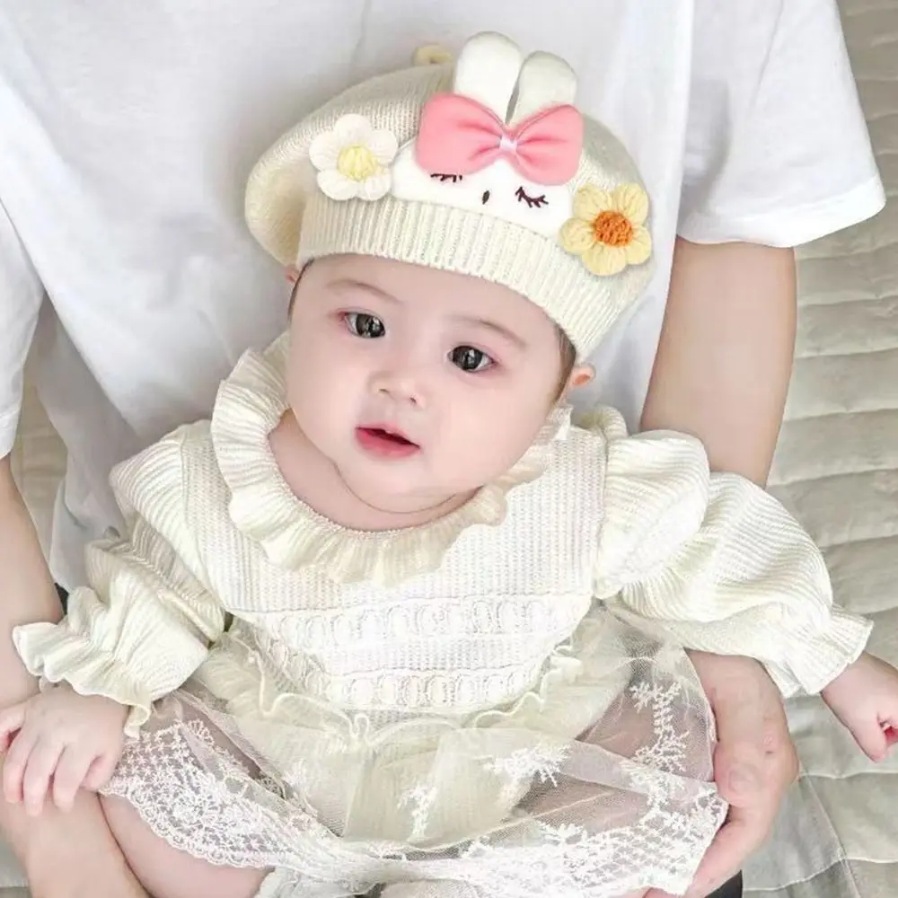 

Fashion Flower Baby Beret Hat Soft Ear Protection Winter Warm Cap Windproof Korean Knitted Hat Toddler Princess