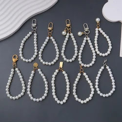 Classic Imitation Pearl Chain With Keyring Women Girls Anti-Loss Beaded Wristband Strap For Earphone Case Purse Diy Accessories