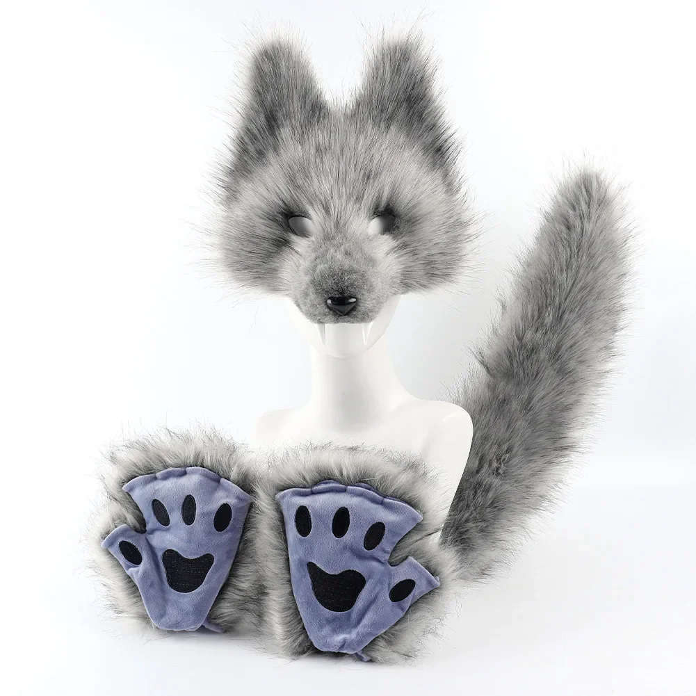 Wolf Teeth Simulation Cosplay Mask Set Animal Furry Tail Half-finger Gloves For Adult Carnival Holiday Party Costume Accessories