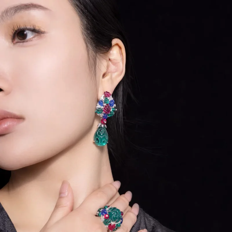 Bellux 925 silver 18 k gold-plated synthetic zircon carved gemstone colorful vintage necklace earrings rings luxury jewelry