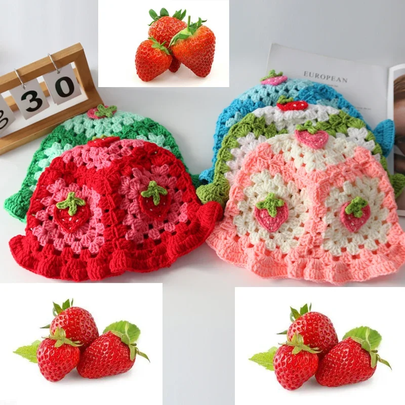 2023New Strawberry knitted Y2k Crochet Hollow Flower Bucket Hat Women Cotton Handmade Girl Autumn Sweet Cute Basin Hat Wholesale