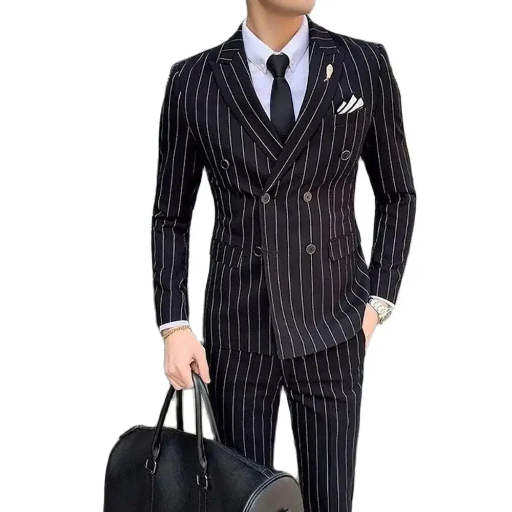 Smart Casual Black Stripe Pattern Double Breasted Peaked Lapel Formal Business Elegant Office Outwear 2 Piece Jacket Pants Set
