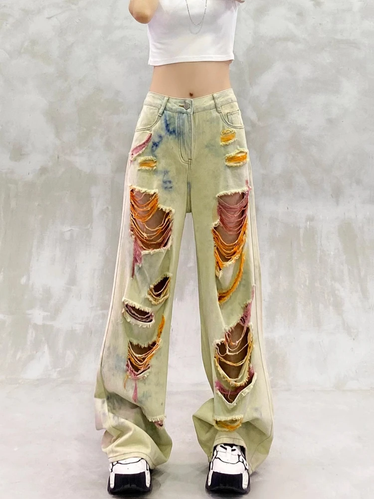 

Women Pants Tie Dye Colored Distressed Wash Casual Jeans Summer New High Waist Loose Versatile Straight Wide Leg Denim Trousers