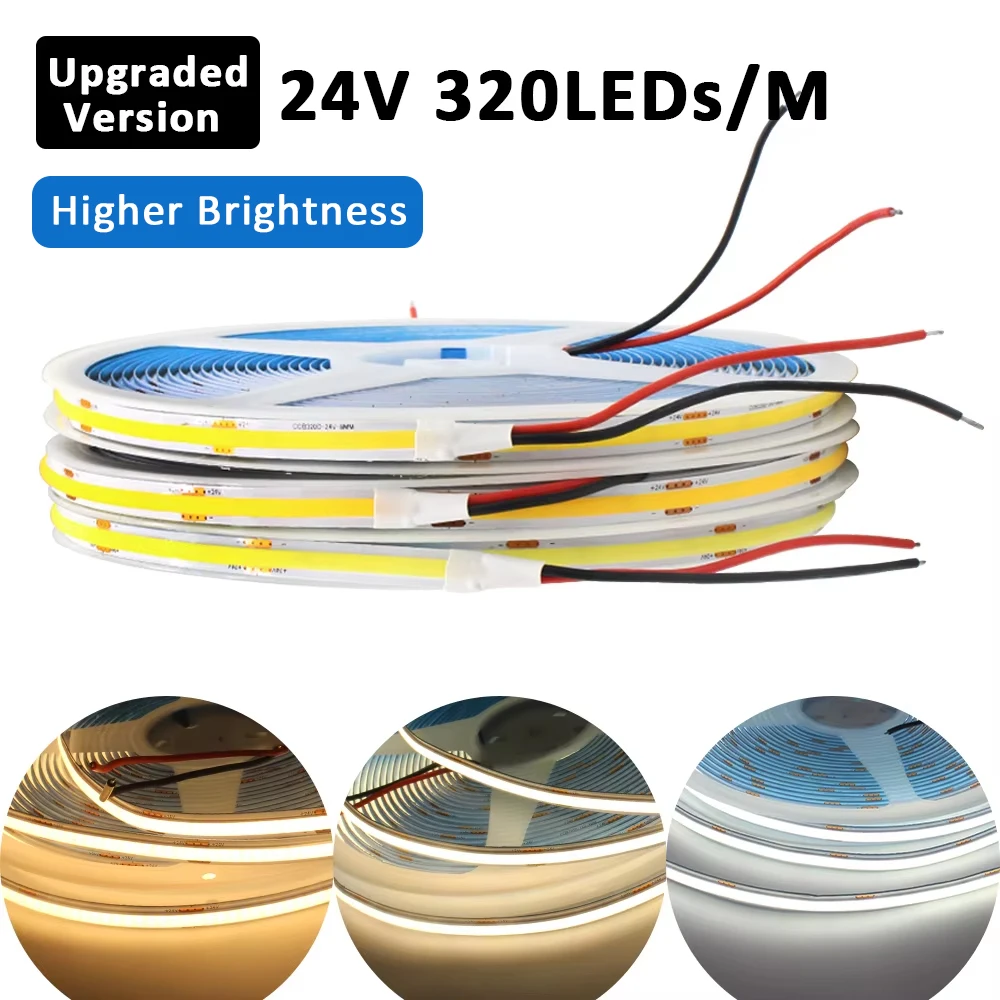 

24 В COB Светодиодная лента 320 светодиодов/м Высокая яркость Гибкая лента Линейный свет Теплый холодный белый FCOB Лампа Лента для декора комнаты