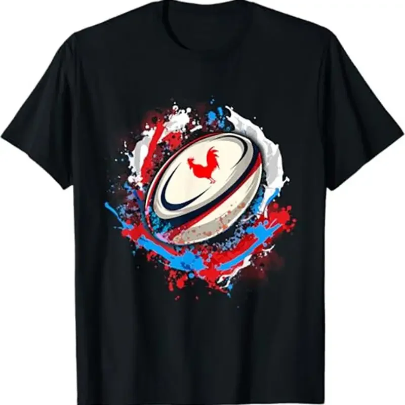 

France Rooster Rugby Ball Splash Art Men's Cotton T-Shirt Crewneck Graphic