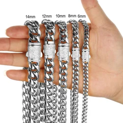 6mm-18mm Any Length 7-40inch 316L Stainless Steel Miami Curb Cuban Chain Necklace or Bracelet Crystal Lock Men & Women Jewelry