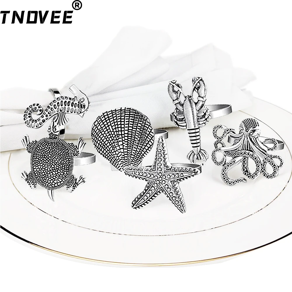 24Pcs Ocean Themed Napkin Rings Metal Starfish Shell Lobster Sea Turtle Napkin Holders for Beach Holiday Party Coastal Table Dec