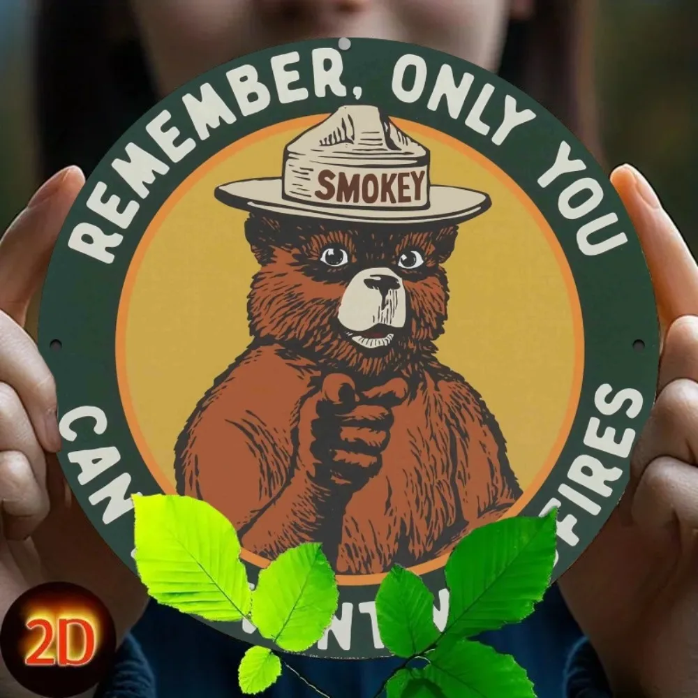 1 Stück, Vintage-Metallschild „Prevent Wildfires“ – rauchiger Bär, runde Wandkunst für Heim- und Außendekoration