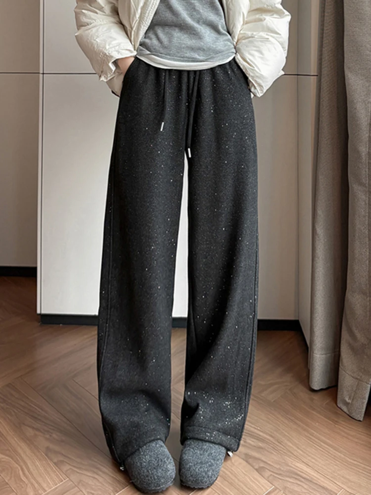 Calças Casuais Femininas de Cintura Alta com Forro, Corte Largura, Design Assimétrico, Corte Reto, Outono Inverno Novo