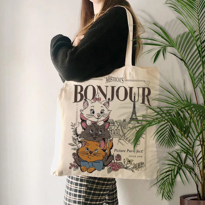 Bonjour Aristocats Pattern Totes Foldable Shopping Bag Holiday Eiffel Tower Gift for Her Shoulder Bag Reusable Supermarket Bag