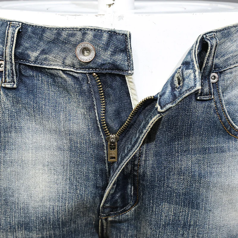 Fashion Vintage Men Jeans High Quality Retro Washed Blue Stretch Slim Fit Ripped Jeans Men Embroidery Designer Denim Pants Homme