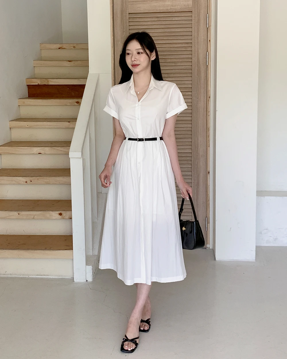 Chic White Short Sleeve Women Shirt Dress Summer Turn Down Collar A-Line Casual Dress Simple French Style Simple-breasted Dress