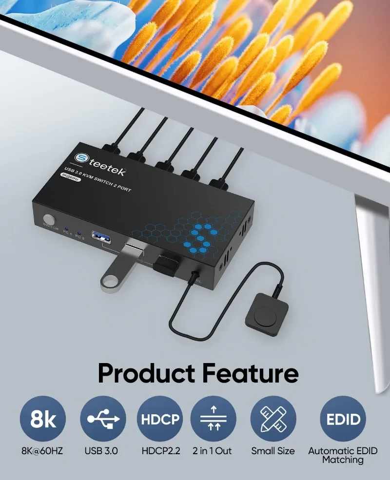 VIKEFON 8K 60Hz HDMI 2*1 KVM Switch With EDID Adaptive Function Switcher for 2 Computers Sharing 1 HD Monitor and 3 USB Devices