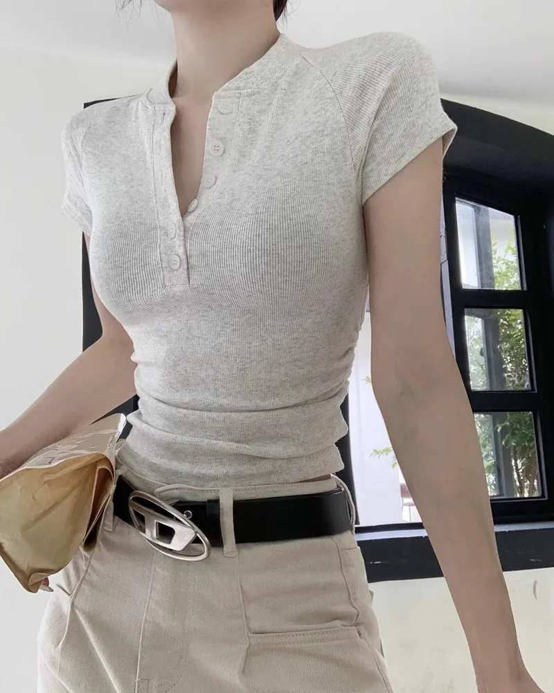 Cotton Short Sleeve T-shirt 2024 Summer Slim Short Shoulder Stand Collar Solid Color Crop Top Korean Version Women's Top