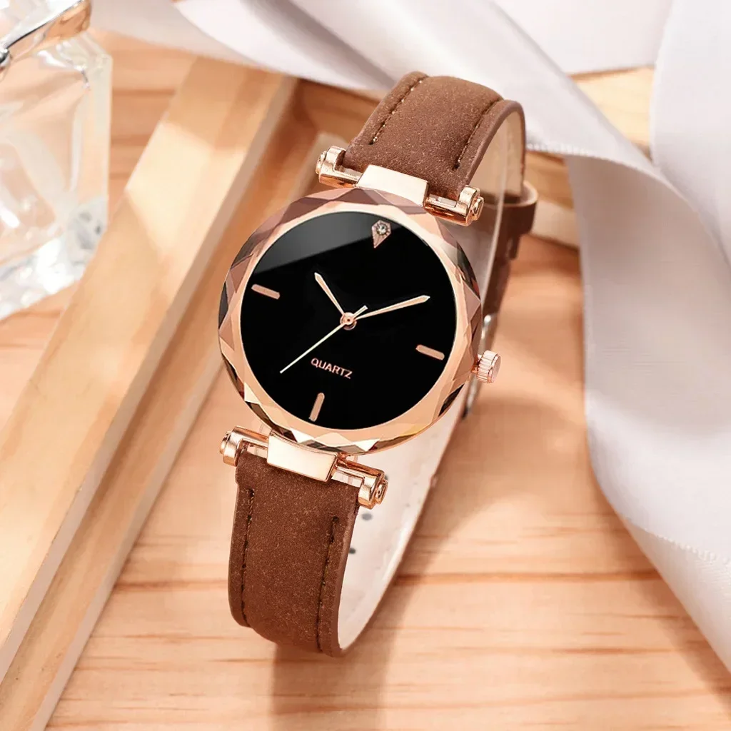 Luxury Fashion Women Watch Set PU Leather Strap Ladies Quartz Wristwatch Rhinestone RoseGold Alloy Bracelet For Ladies Gift