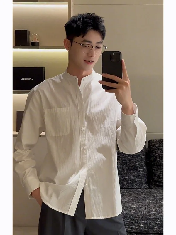 

Pure Cotton White Stand Collar Long Sve Men's irt Spring Casual Top Workwear irt Premium Feeling Youth Trend