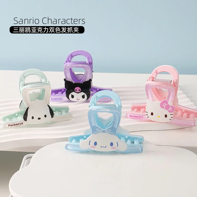 

Кавайная заколка для волос Hello Kitty Kuromi Cinnamoroll с героями мультфильмов, акриловая заколка для волос, аниме Sanrio, милое Сердце Девочки, зажим для акулы на задней части головы