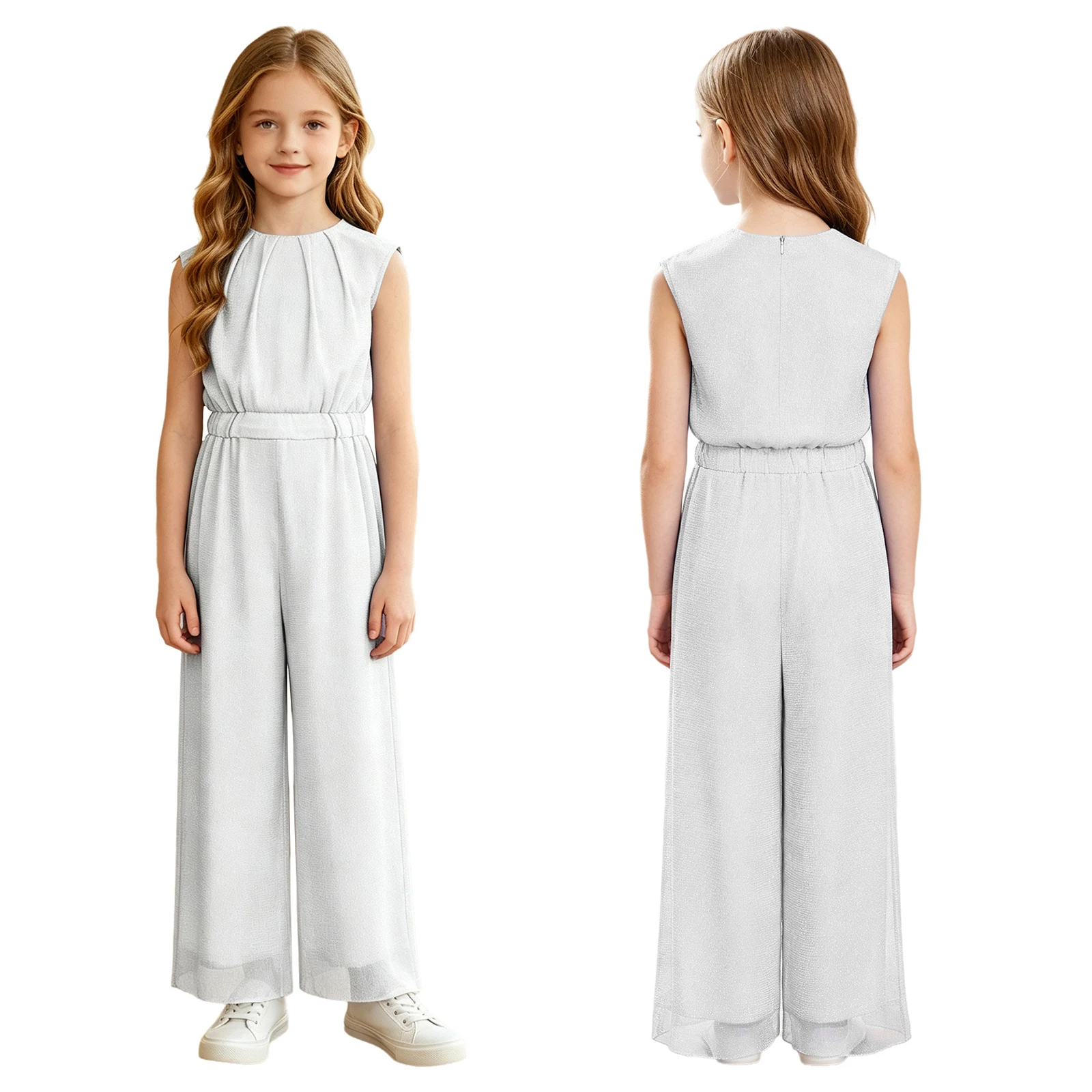Kids Girl Shimmery Mesh Jumpsuit Sleeveless Zipper Elastic Waist Double-layer Wide-leg Romper Party Photography Vacation Costume
