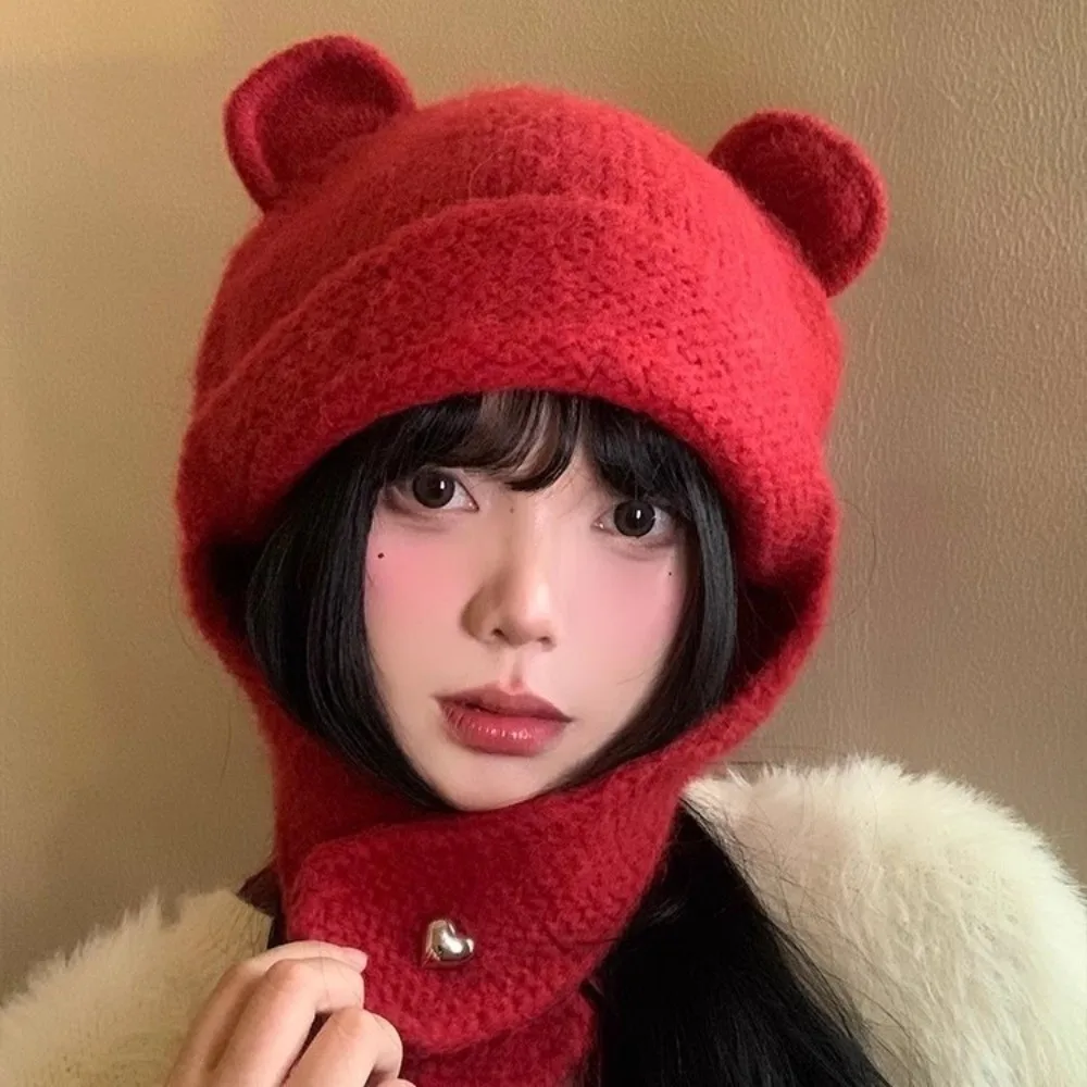 

Kawaii Cute Bear Ear Knitted Cap Y2k Sweet Warm Beanie Hats Soft Winter Autumn Ear Protection Cap Streetwear