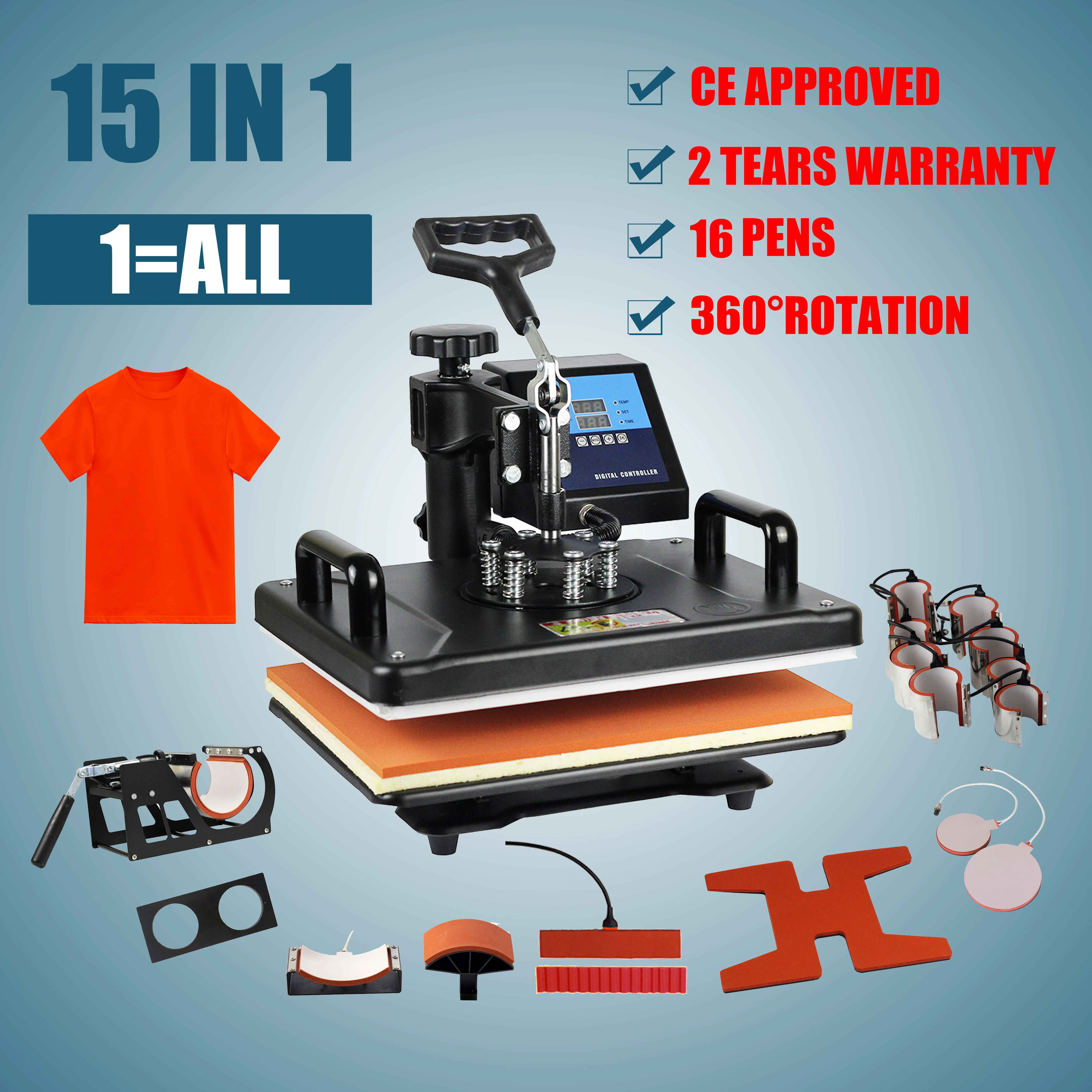 15-in-1 متعددة الوظائف آلة الصحافة الحرارة تي شيرت طابعة نقل الحرارة لغطاء القدح كرة القدم زجاجة القلم الأحذية