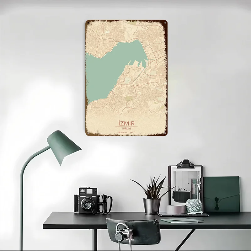 إزمير Türkiye خمر نمط خريطة المدينة مطبوعة ملصق تخصيص جدار الفن ريترو خمر معدن القصدير علامات للمنزل غرفة مكتب ديكور #4
